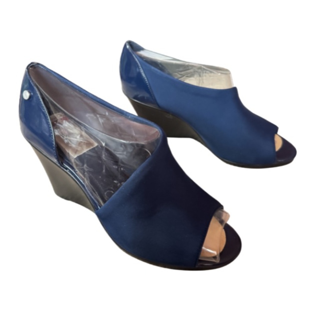 Calvin Klein Navy Blue Women's Lanai Wedge Pump Scuba Patent Leather Sz